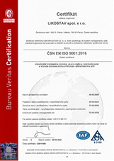 Likostav spol s.r.o. certifikát ČSN EN ISO 9001:2016